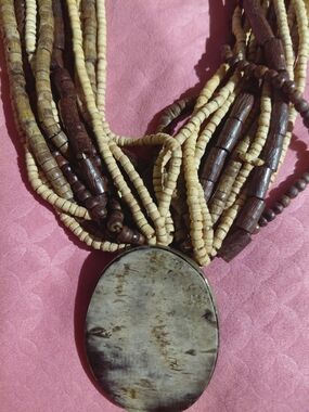 Vintage Natural Brown & Cream Multi-Strand Beaded Necklace with Oval Pendant